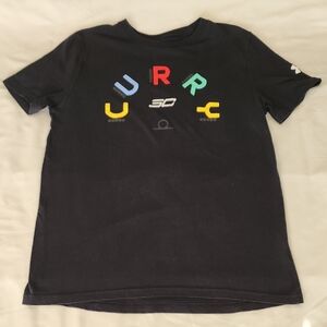 Under Armour Black Kids Tee with Multicolor Letter Design. YLG